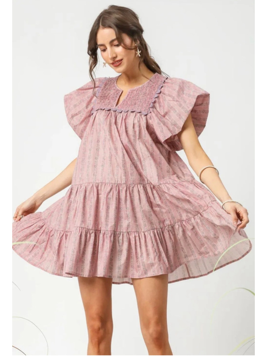 Umgee Dresses & Skirts - Umgee - Pink Yoke Flutter Sleeve Mini Dress | Cottage Core Boho Sz Small